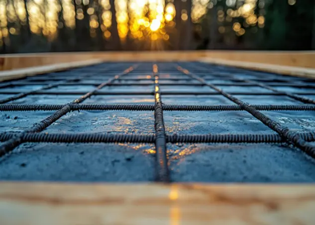 image captures close up view of concrete slab with rebar reinforcement, framed by wooden edges, as sun sets in background, creating warm glow